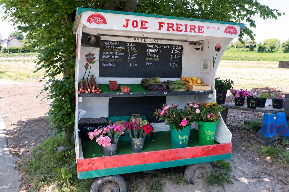 A white and green produce trailer on a roadside verge, its shelves full of cut flowers, asparagus, rhubarb and eggs under a chalked price list